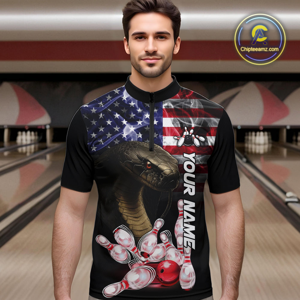 Smoke American Flag Cobra Snake Bowling Shirts for Men Custom patriotic Team Bowling jerseys NQS10286