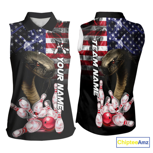 Smoke American Flag Cobra Snake Bowling Sleeveless Polo shirt Custom patriotic Team Bowling jerseys NQS10286