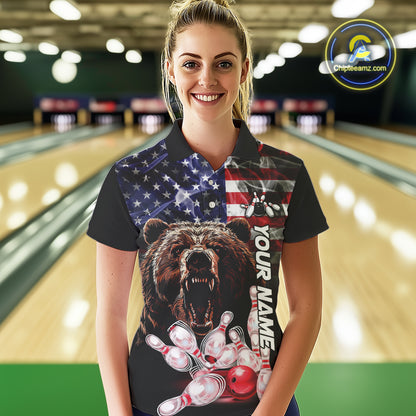 American Flag Bear Bowling Polo, Quarter Zip Shirts for Women Custom patriotic Team Bowling jerseys NQS10287