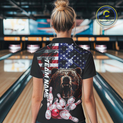 American Flag Bear Bowling Polo, Quarter Zip Shirts for Women Custom patriotic Team Bowling jerseys NQS10287
