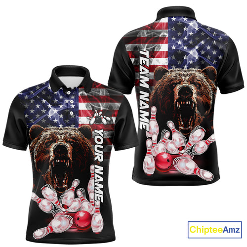 American Flag Bear Bowling Polo, Quarter Zip Shirts for Men Custom patriotic Team Bowling jerseys NQS10287