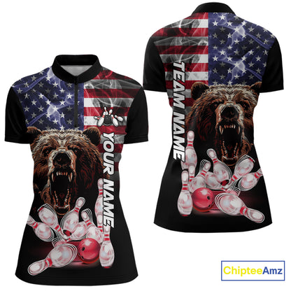 American Flag Bear Bowling Polo, Quarter Zip Shirts for Women Custom patriotic Team Bowling jerseys NQS10287