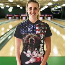 Load image into Gallery viewer, American Flag Bear Bowling Polo, Quarter Zip Shirts for Women Custom patriotic Team Bowling jerseys NQS10287