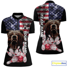 Load image into Gallery viewer, American Flag Bear Bowling Polo, Quarter Zip Shirts for Women Custom patriotic Team Bowling jerseys NQS10287