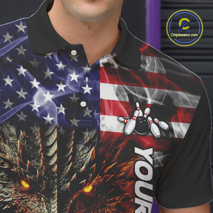 American Flag Dragon Bowling Polo, Quarter Zip Shirts for Men Custom patriotic Team Bowling jerseys NQS10288