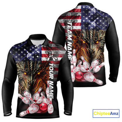 American Flag Dragon Bowling Polo, Quarter Zip Shirts for Men Custom patriotic Team Bowling jerseys NQS10288
