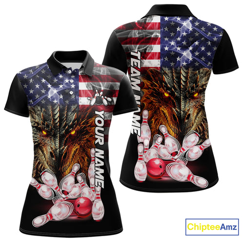American Flag Dragon Bowling Polo, Quarter Zip Shirts for Women Custom patriotic Team Bowling jerseys NQS10288