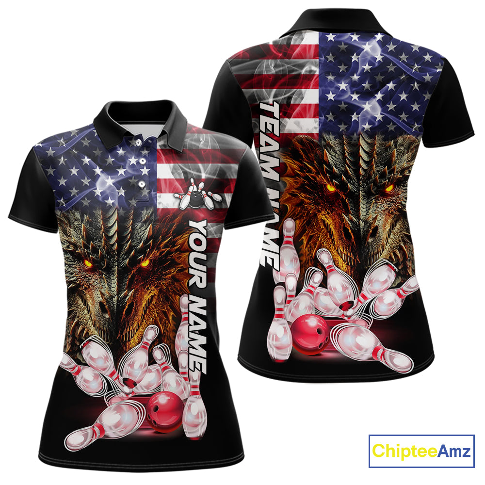 American Flag Dragon Bowling Polo, Quarter Zip Shirts for Women Custom patriotic Team Bowling jerseys NQS10288