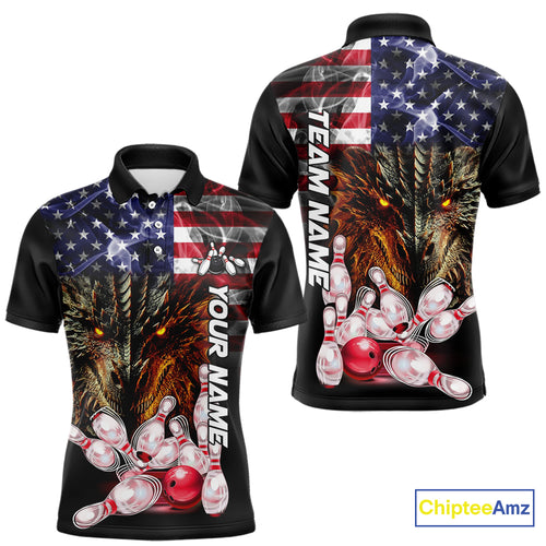 American Flag Dragon Bowling Polo, Quarter Zip Shirts for Men Custom patriotic Team Bowling jerseys NQS10288