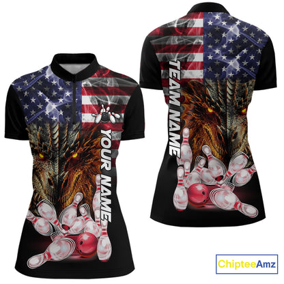 American Flag Dragon Bowling Polo, Quarter Zip Shirts for Women Custom patriotic Team Bowling jerseys NQS10288