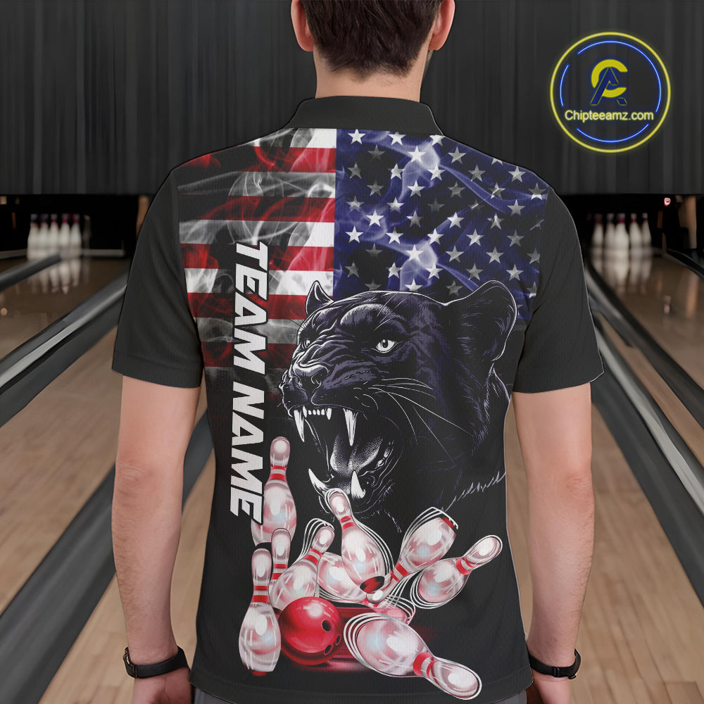 American Flag Panther Bowling Polo, Quarter Zip Shirts for Men Custom patriotic Team Bowling jerseys NQS10289
