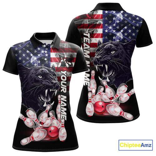American Flag Panther Bowling Polo, Quarter Zip Shirts for Women Custom patriotic Team Bowling jerseys NQS10289