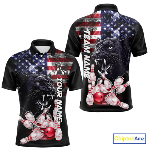 American Flag Panther Bowling Polo, Quarter Zip Shirts for Men Custom patriotic Team Bowling jerseys NQS10289