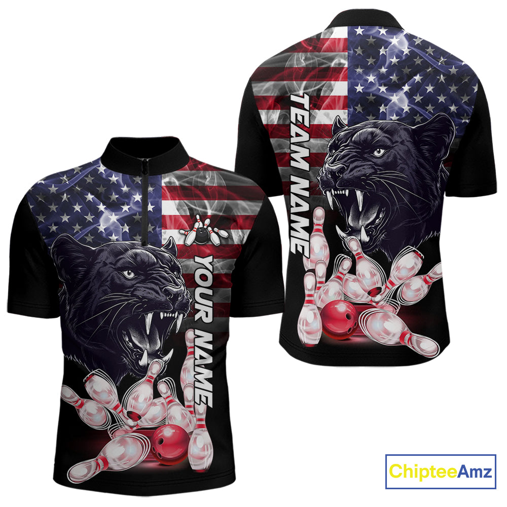 American Flag Panther Bowling Polo, Quarter Zip Shirts for Men Custom patriotic Team Bowling jerseys NQS10289