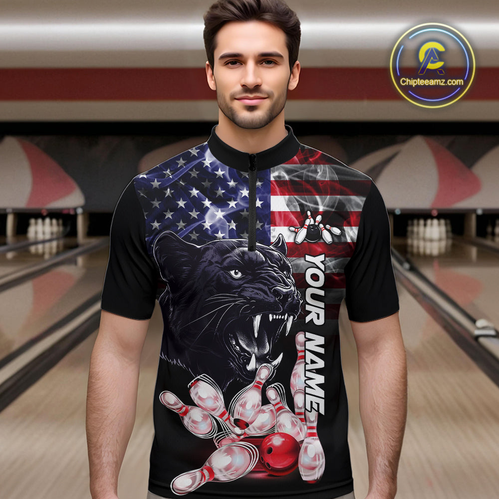 American Flag Panther Bowling Polo, Quarter Zip Shirts for Men Custom patriotic Team Bowling jerseys NQS10289