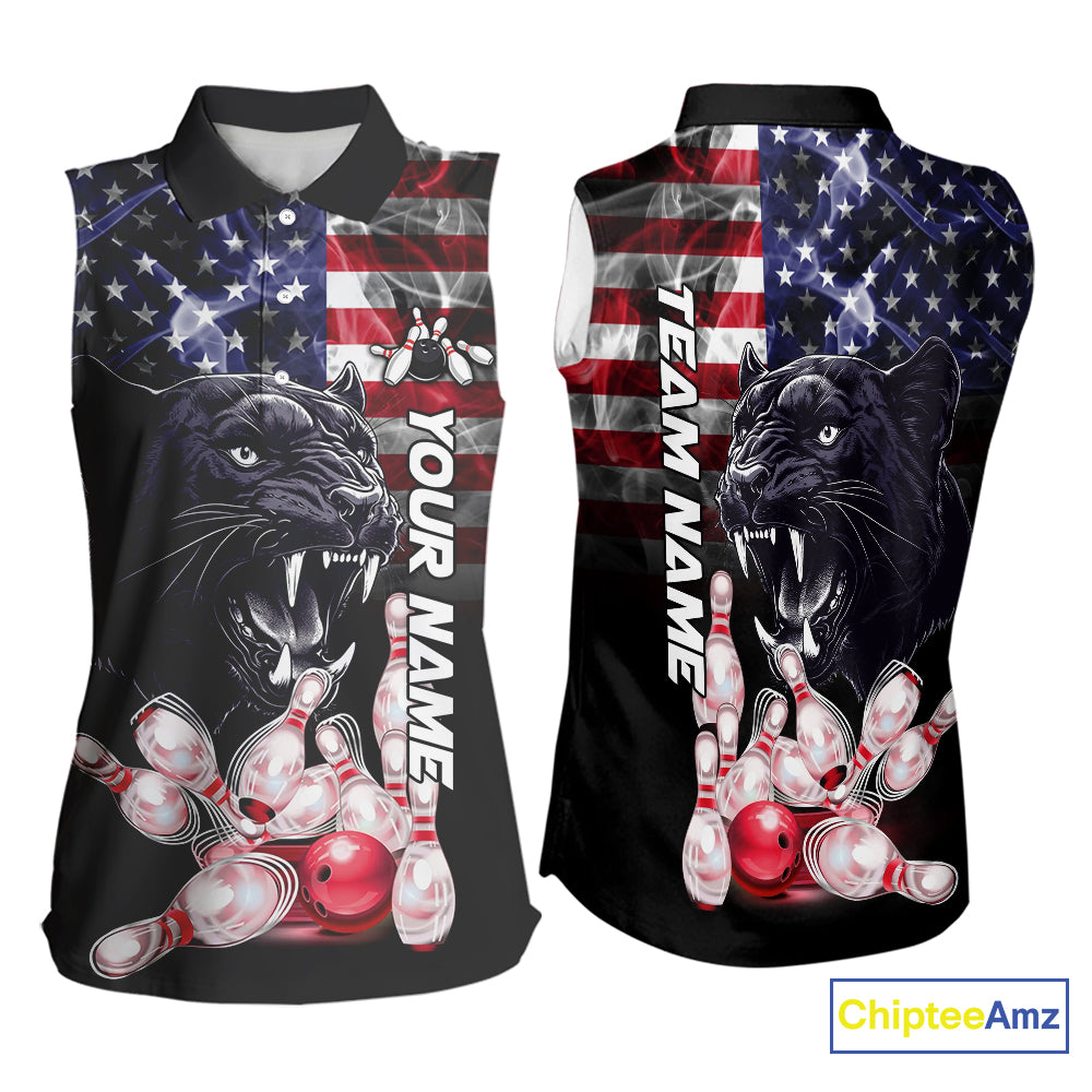 American Flag Panther Bowling Sleeveless Polo shirt Custom patriotic Team Bowling jerseys NQS10289