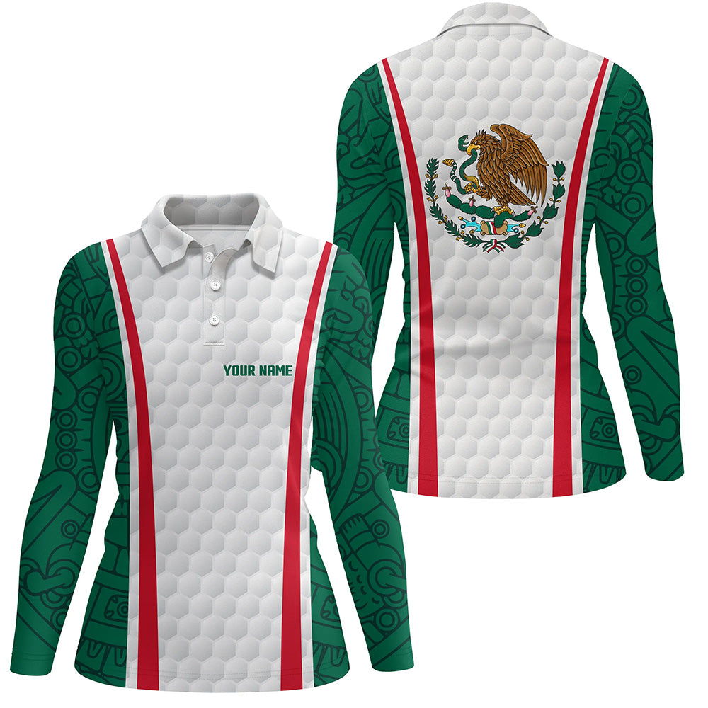 Women golf polo shirt custom name Mexican flag white golf shirt, womens patriotic polo shirts NQS6186