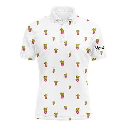 Personalized cute cactus white pattern mens golf polo shirts custom cactus golf shirt, golfer gifts NQS8320