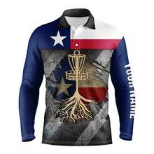 Load image into Gallery viewer, Mens disc golf polo shirt custom name Texas flag disc golf basket, disc golf gifts for men NQS8512