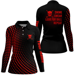 Womens golf polo shirts custom swing swear look for ball repeat dot pattern skull golf shirt | Red NQS8514