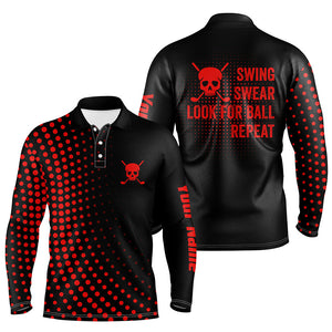 Funny Men golf polo shirts custom swing swear look for ball repeat dot pattern skull golf shirt | Red NQS8514