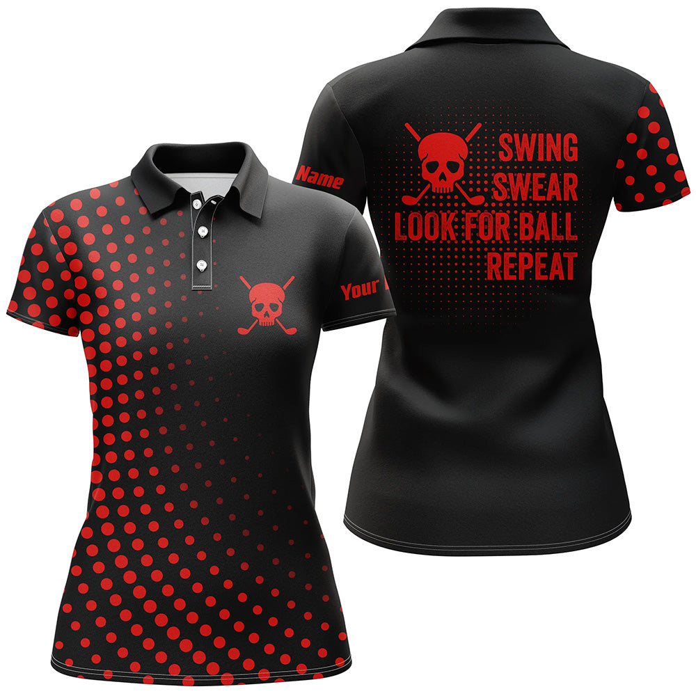 Womens golf polo shirts custom swing swear look for ball repeat dot pattern skull golf shirt | Red NQS8514