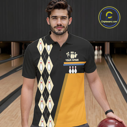 Black and Yellow Retro Bowling Polo, Quarter Zip shirt for Men Custom vintage team bowling jersey NQS10707