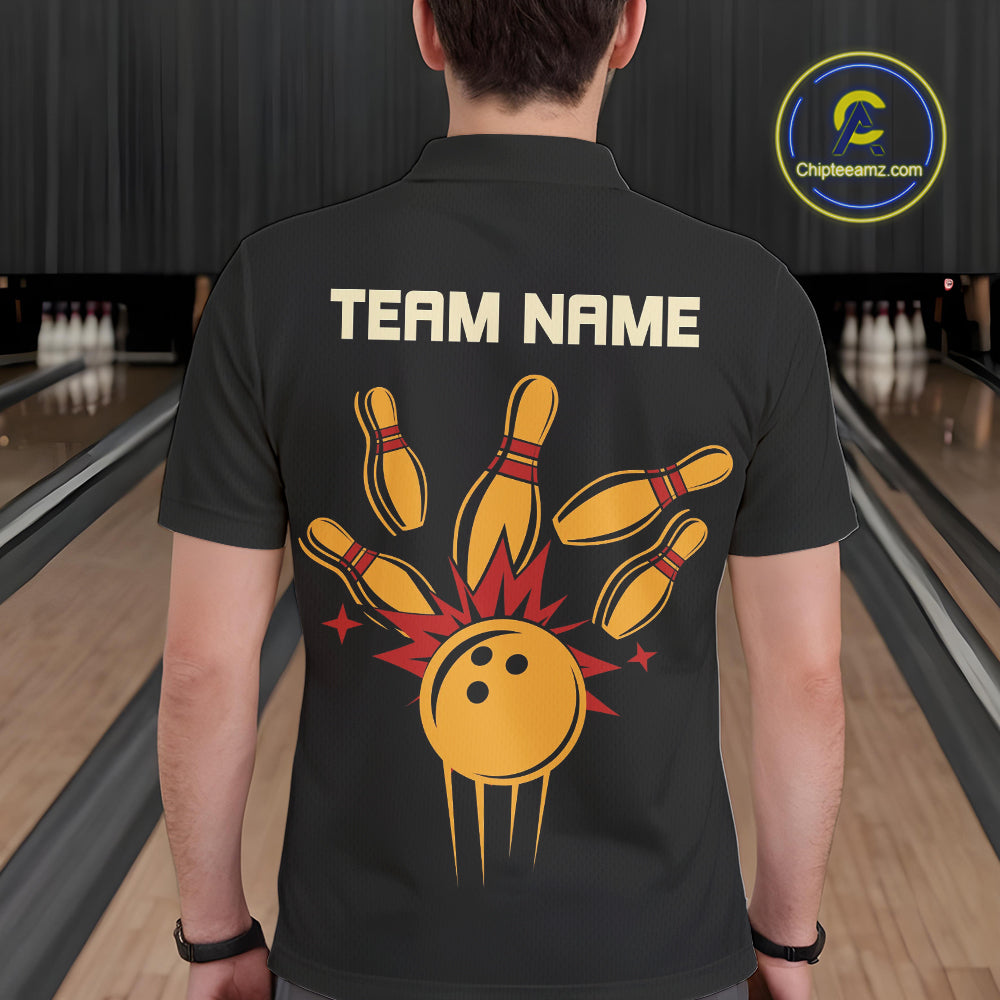Black and Yellow Retro Bowling Polo, Quarter Zip shirt for Men Custom vintage team bowling jersey NQS10707