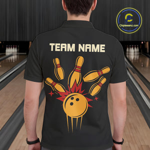 Black and Yellow Retro Bowling Polo, Quarter Zip shirt for Men Custom vintage team bowling jersey NQS10707