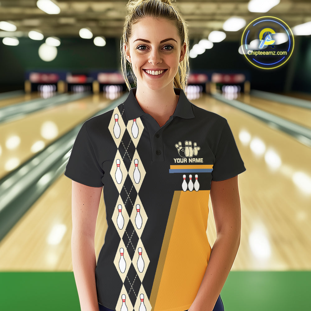Black and Yellow Retro Bowling Polo, Quarter Zip shirt for Women Custom vintage team bowling jersey NQS10707