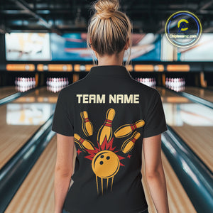 Black and Yellow Retro Bowling Polo, Quarter Zip shirt for Women Custom vintage team bowling jersey NQS10707