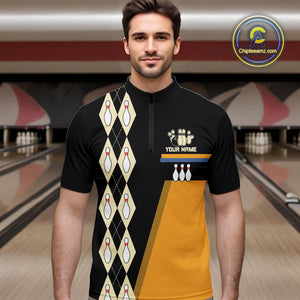 Black and Yellow Retro Bowling Polo, Quarter Zip shirt for Men Custom vintage team bowling jersey NQS10707