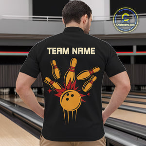 Black and Yellow Retro Bowling Polo, Quarter Zip shirt for Men Custom vintage team bowling jersey NQS10707