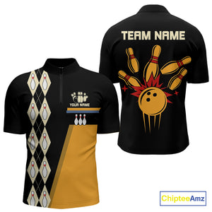 Black and Yellow Retro Bowling Polo, Quarter Zip shirt for Men Custom vintage team bowling jersey NQS10707