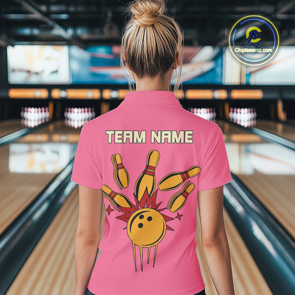 Pink and Yellow Retro Bowling Polo, Quarter Zip shirt for Women Custom vintage team bowling jersey NQS10708