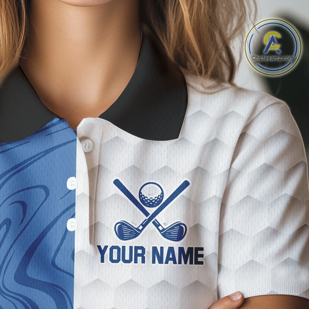 White and Blue Camo Flame Women Golf Polo Shirt Custom golf attire for ladies, personalized golf gift NQS10709