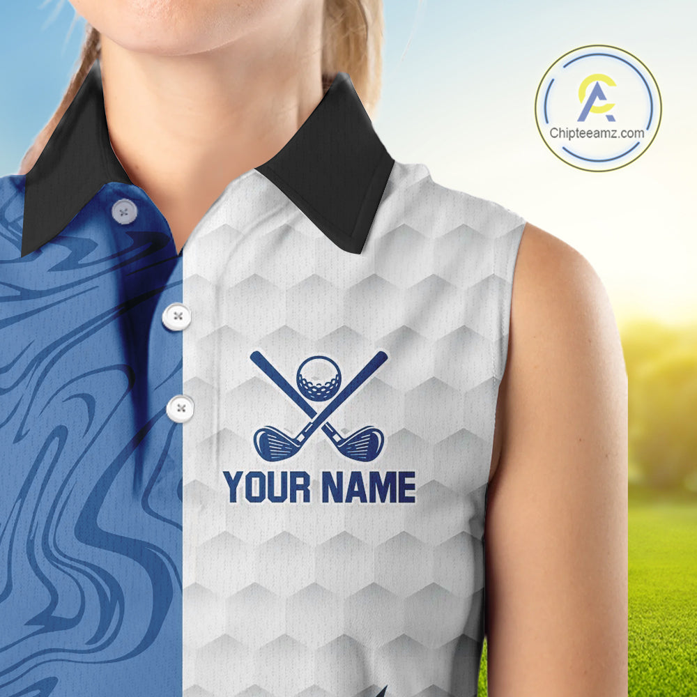 White and Blue Camo Flame Women Sleeveless Golf Polo Shirt Custom golf attire for ladies golf gift NQS10709