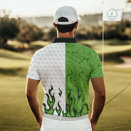 White and Green Camo Flame Mens Golf Polo Shirt Custom golf attire for men, personalized golf gifts NQS10710