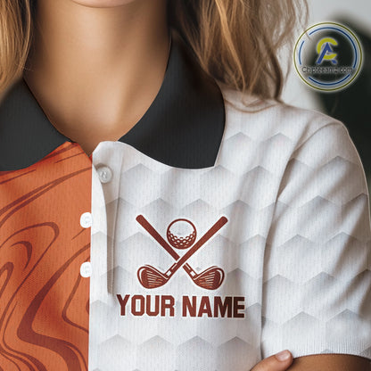 White & Orange Camo Flame Women Golf Polo Shirt Custom golf attire for ladies personalized golf gift NQS10711