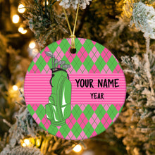 Load image into Gallery viewer, Pink and Green argyle pattern Christmas ornament custom name and year personalized golf ornament NQS8765