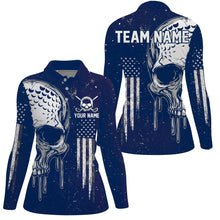 Load image into Gallery viewer, Personalized Blue White grunge American Flag Skull Women Bowling Team Shirt, Patriotic Bowling Jersey NQS9226