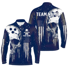 Load image into Gallery viewer, Personalized Blue and White grunge American Flag Skull Bowling Team Shirts, Patriotic Bowling Jerseys NQS9226