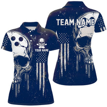 Load image into Gallery viewer, Personalized Blue White grunge American Flag Skull Women Bowling Team Shirt, Patriotic Bowling Jersey NQS9226