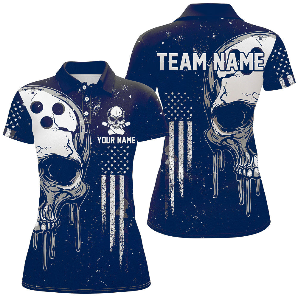 Personalized Blue White grunge American Flag Skull Women Bowling Team Shirt, Patriotic Bowling Jersey NQS9226