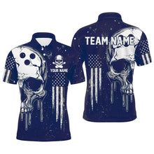 Load image into Gallery viewer, Personalized Blue and White grunge American Flag Skull Bowling Team Shirts, Patriotic Bowling Jerseys NQS9226