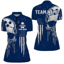 Load image into Gallery viewer, Personalized Blue White grunge American Flag Skull Women Bowling Team Shirt, Patriotic Bowling Jersey NQS9226