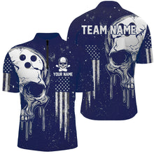 Load image into Gallery viewer, Personalized Blue and White grunge American Flag Skull Bowling Team Shirts, Patriotic Bowling Jerseys NQS9226