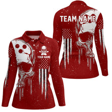 Load image into Gallery viewer, Personalized Red White grunge American Flag Skull Women Bowling Team Shirt, Patriotic Bowling Jersey NQS9227