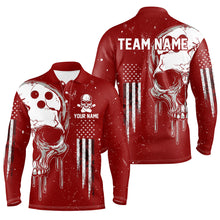 Load image into Gallery viewer, Personalized Red and White grunge American Flag Skull Bowling Team Shirts, Patriotic Bowling Jerseys NQS9227