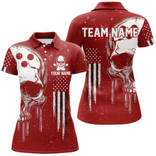 Load image into Gallery viewer, Personalized Red White grunge American Flag Skull Women Bowling Team Shirt, Patriotic Bowling Jersey NQS9227